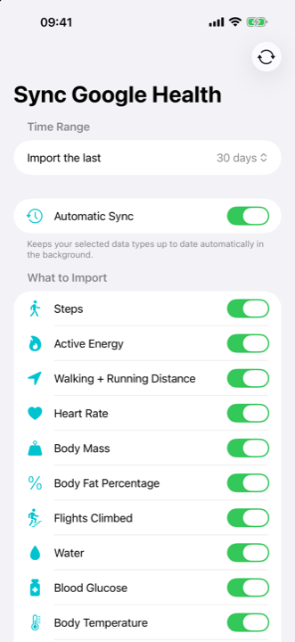 Sync settings: choose the data types and time range to import